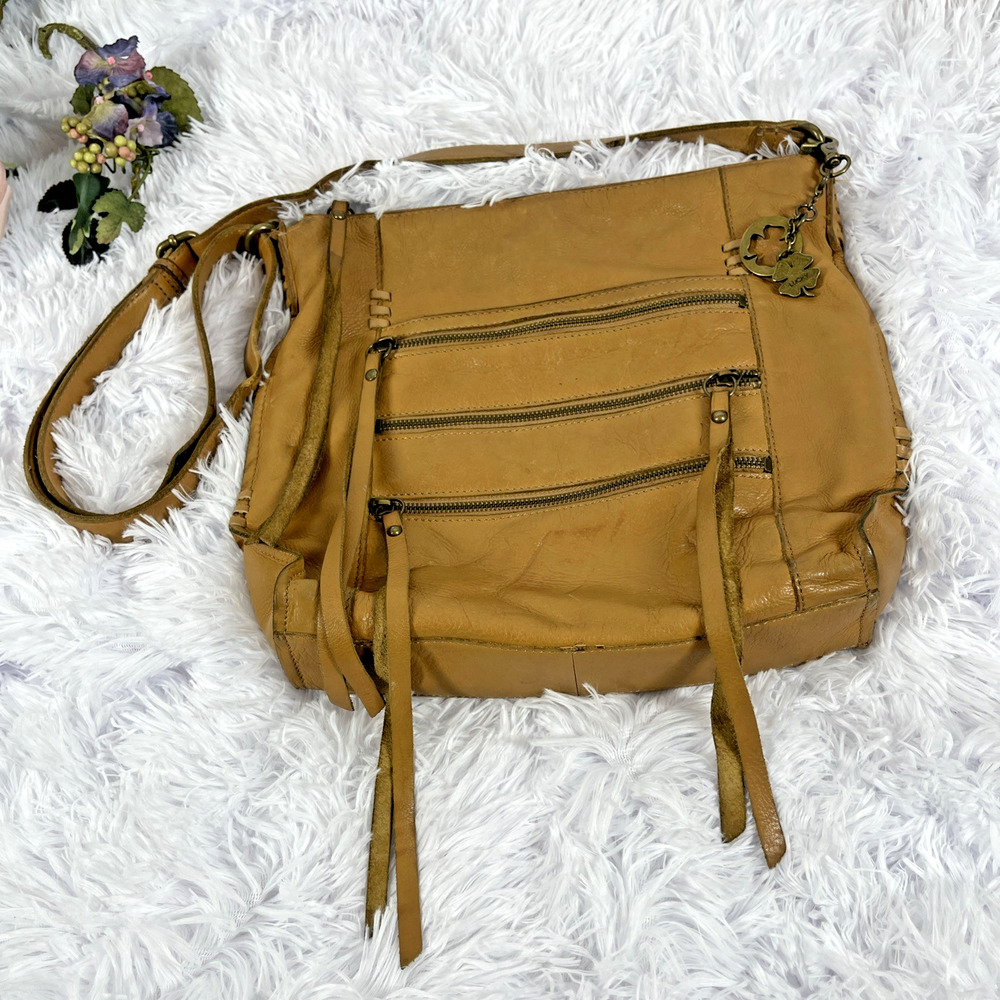 Lucky Brand Cognac Brown Leather Crossbody Shoulder Bag Multi Zip Boho Purse